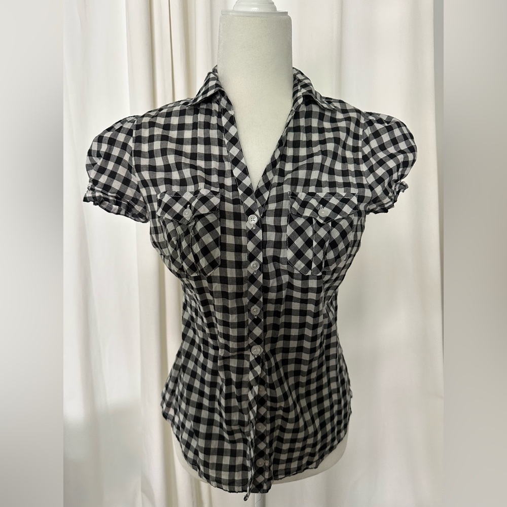 H&M Gingham Check Black and White Plaid Button Down S-M Puff Sleeves
